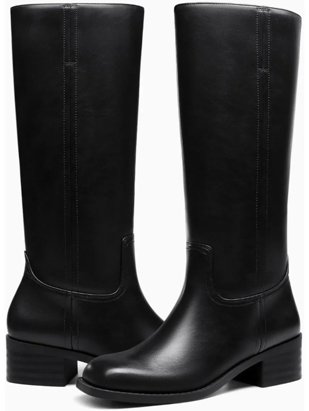Women's Black Square Toe Chunky Low Block Heel Comfortable Knee High Boots